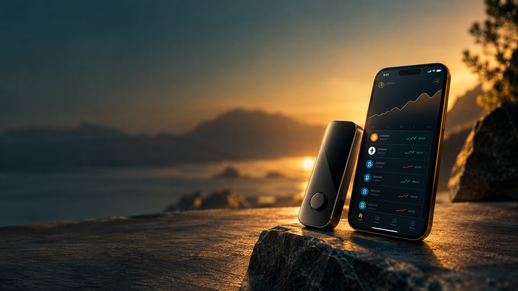 Sleek hardware crypto wallet device next to a smartphone wallet app
