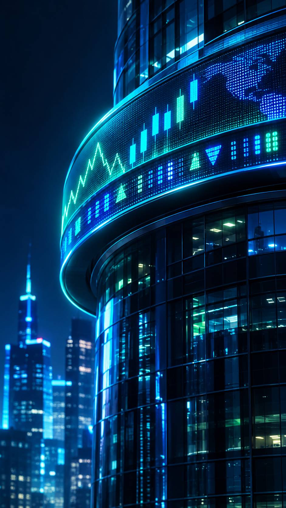 Glowing led stock ticker tape with abstract symbols scrolling across a building