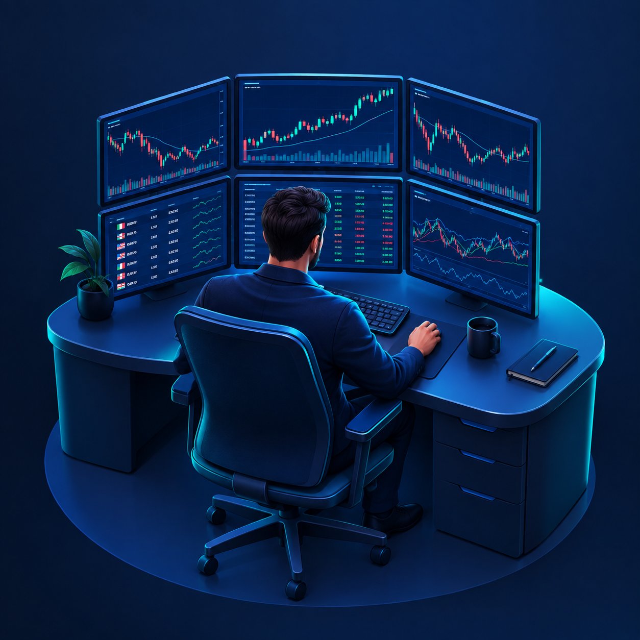 Professional forex trader at a multi monitor desk viewing currency charts seen from behind
