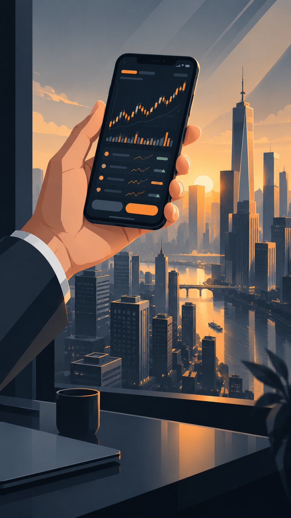 Hand holding a phone with a stock trading app and a city in the background