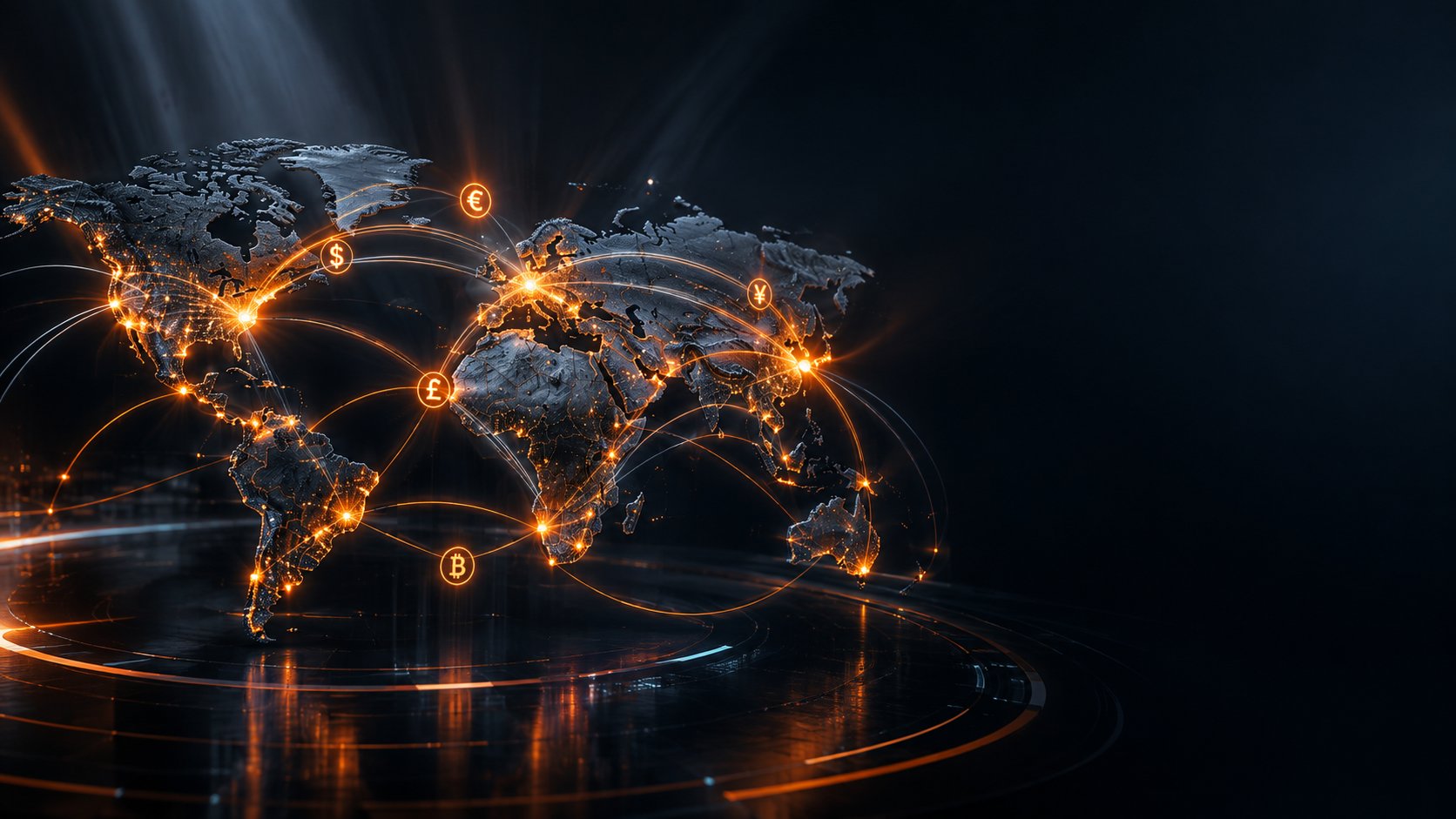 Dark world map with glowing currency flow lines connecting major financial centers
