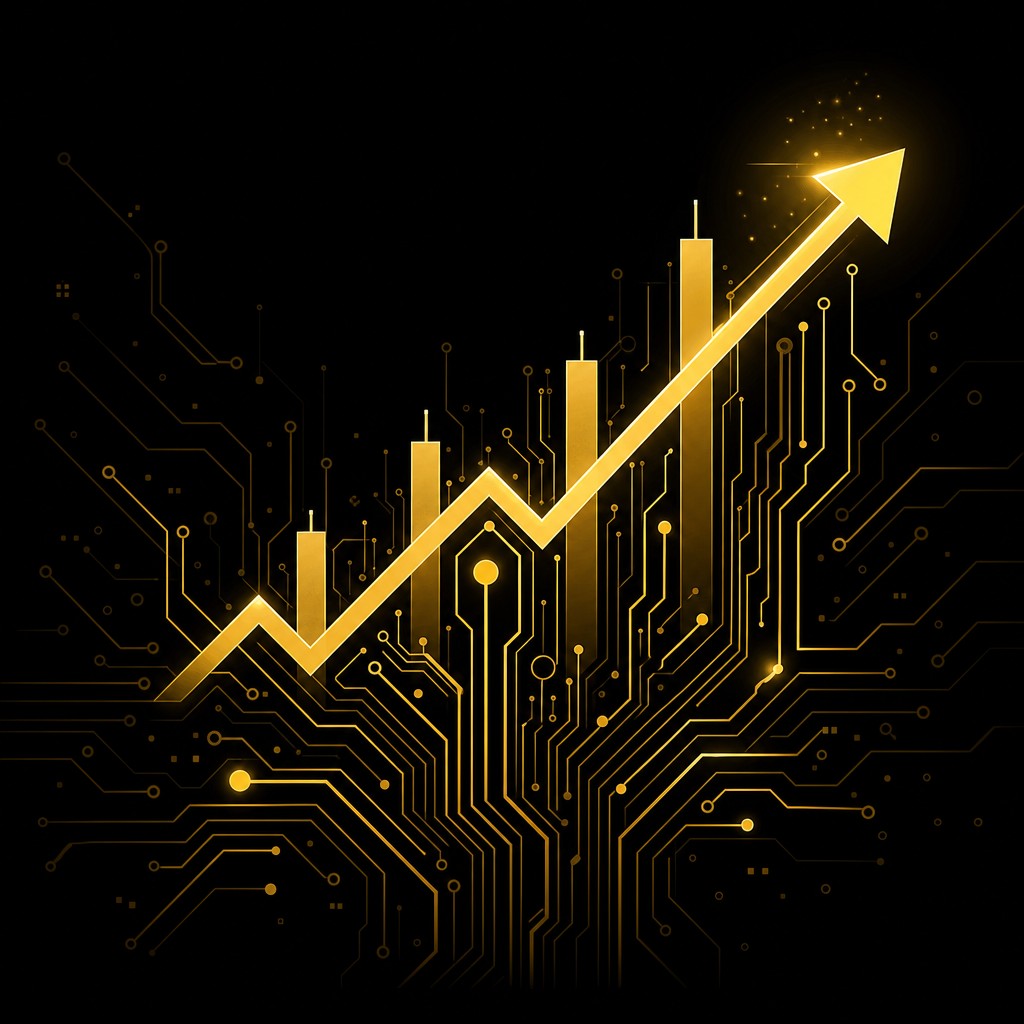 Abstract circuit patterns forming a rising stock chart