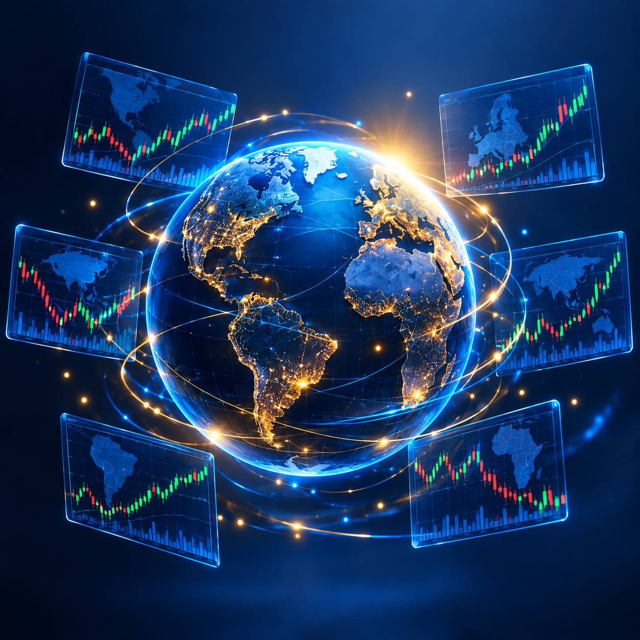 Globe surrounded by floating stock charts from different regions