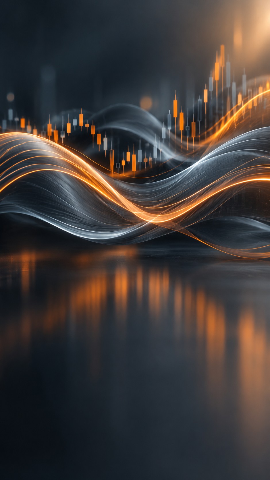 Abstract waves of light representing market volatility across currency charts